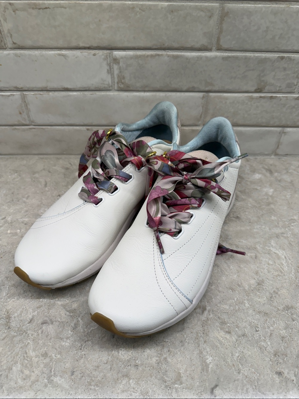 Women's White Leather Sneakers with Floral Accent Laces